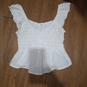 Kimi & Co White Smocked Eyelet Peplum Crop Top